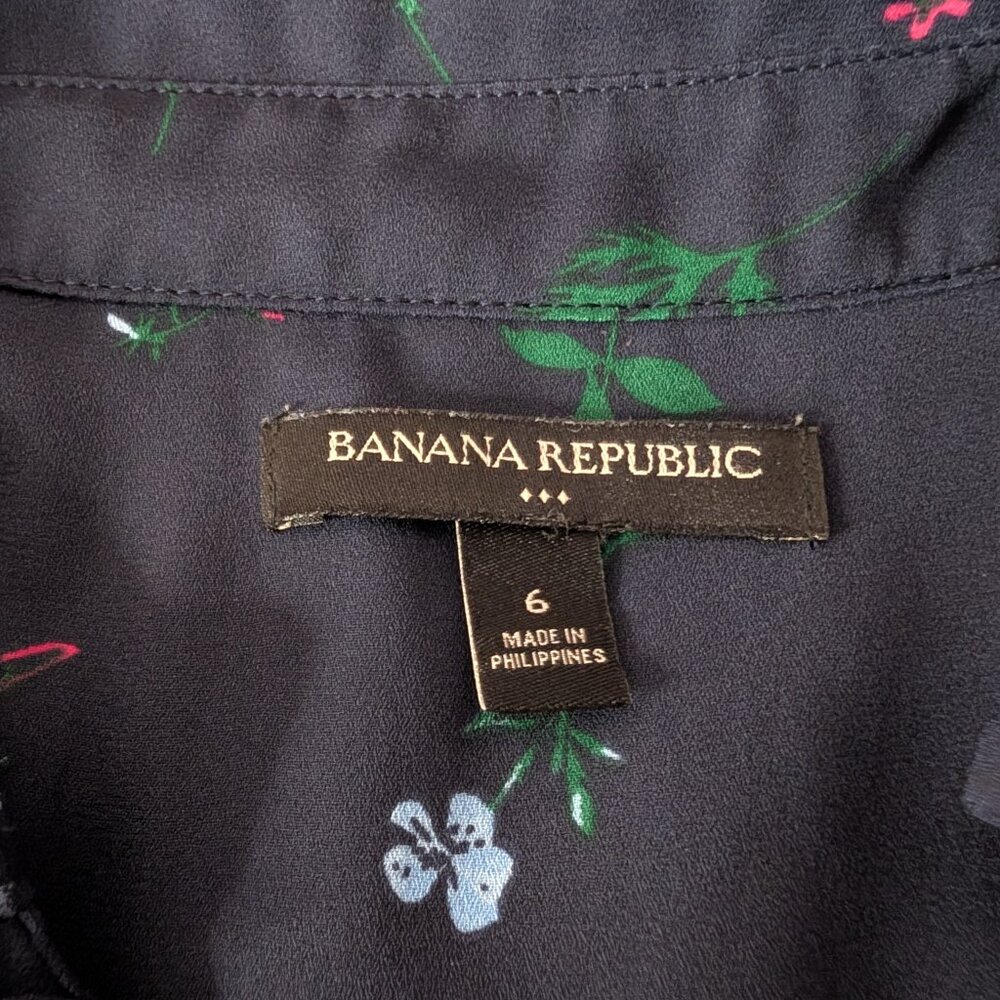 ⭐Banana Republic Blue Botanical Chiffon Shirt Dress Tie Belt Jabot Ruffle Size 6 - Picture 8 of 10